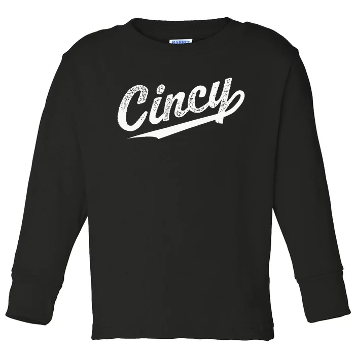 Retro Cincy Cincinnati Ohio Vintage Cursive Script Throwback Toddler Long Sleeve Shirt