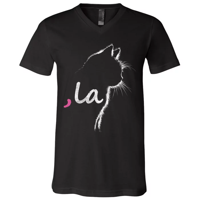 Retro Cat Comma La Cat Ladie La V-Neck T-Shirt