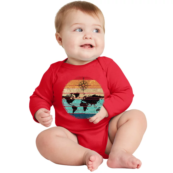 Retro Compass Countries Cartography World Map Baby Long Sleeve Bodysuit