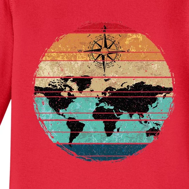 Retro Compass Countries Cartography World Map Baby Long Sleeve Bodysuit