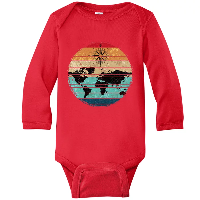 Retro Compass Countries Cartography World Map Baby Long Sleeve Bodysuit