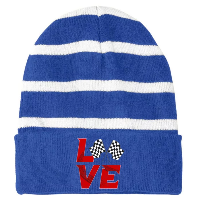 Race Car Checker Flag Love Auto Racing Meaningful Gift Striped Beanie with Solid Band