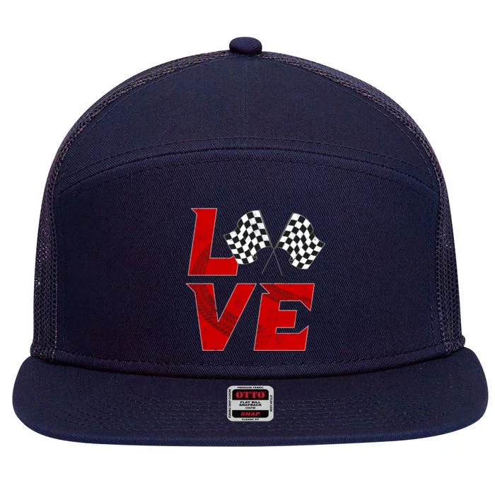 Race Car Checker Flag Love Auto Racing Meaningful Gift 7 Panel Mesh Trucker Snapback Hat