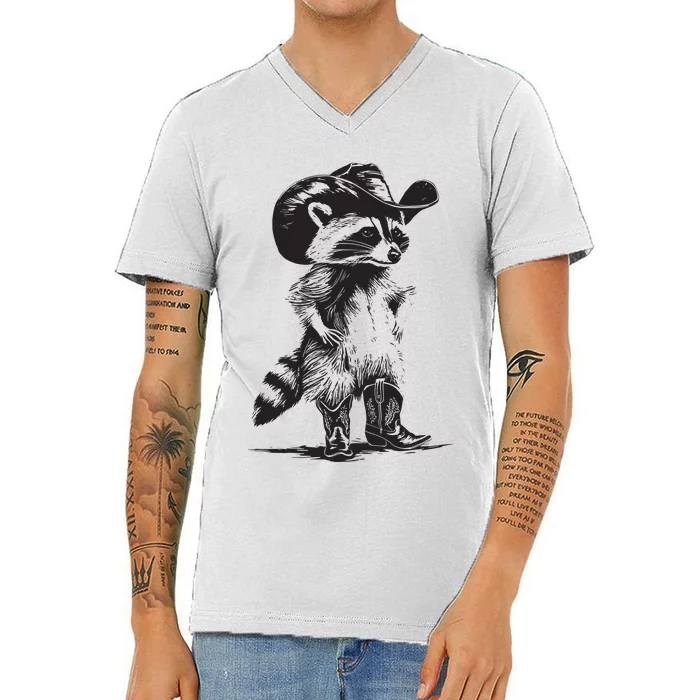 Raccoon Cowboy Cowgirl Trash Panda Western Country V-Neck T-Shirt