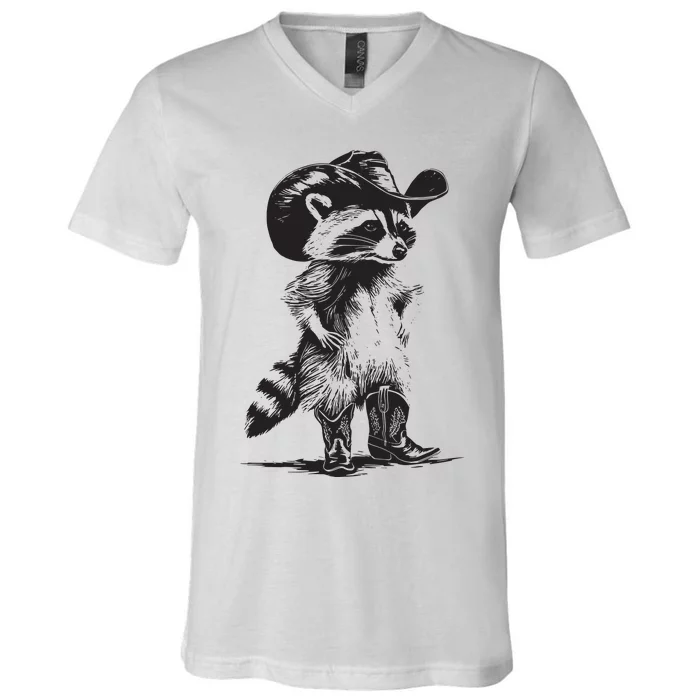 Raccoon Cowboy Cowgirl Trash Panda Western Country V-Neck T-Shirt