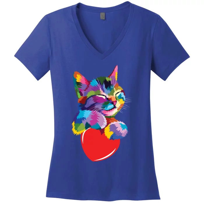 Rainbow Cute Cat Hugging Valentine Heart Kitty Love Cat Meaningful Gift Women's V-Neck T-Shirt