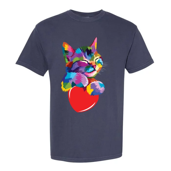 Rainbow Cute Cat Hugging Valentine Heart Kitty Love Cat Meaningful Gift Garment-Dyed Heavyweight T-Shirt