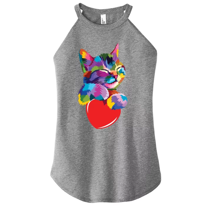 Rainbow Cute Cat Hugging Valentine Heart Kitty Love Cat Meaningful Gift Women’s Perfect Tri Rocker Tank