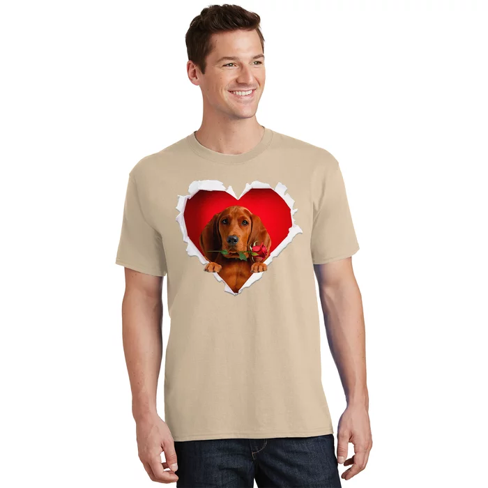 Redbone Coonhound Dog Rose Heart Valentines Day Couple T-Shirt