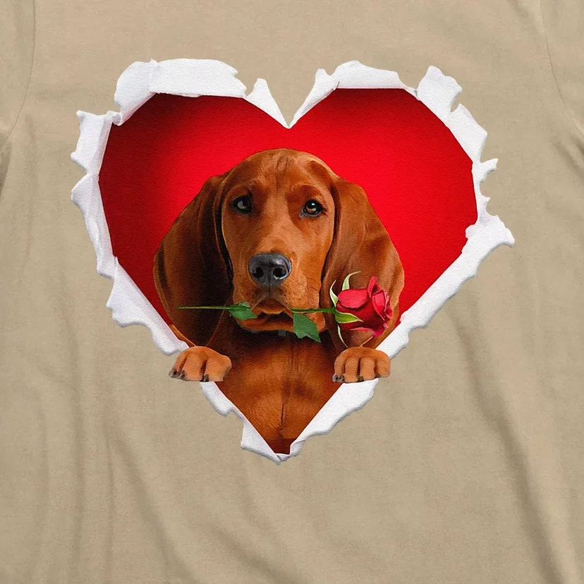 Redbone Coonhound Dog Rose Heart Valentines Day Couple T-Shirt