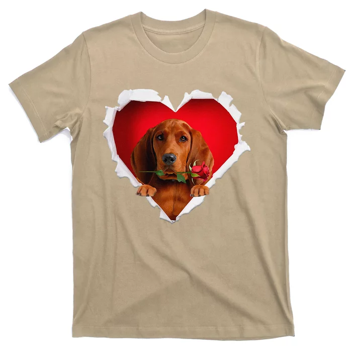 Redbone Coonhound Dog Rose Heart Valentines Day Couple T-Shirt