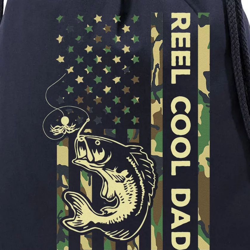 Reel Cool Dad Fisherman Father Patriotic Fishing Saying Drawstring Bag