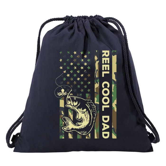 Reel Cool Dad Fisherman Father Patriotic Fishing Saying Drawstring Bag