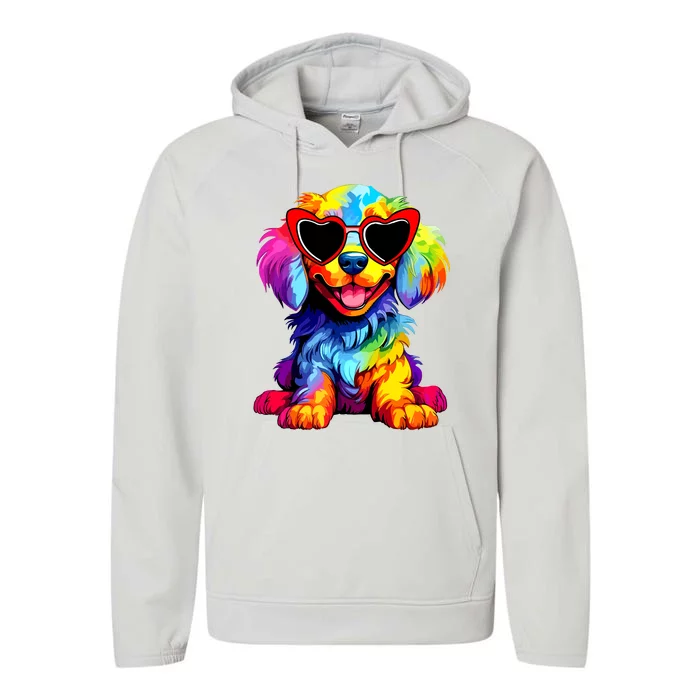 Rainbow Cute Dog Wearing Glasses Heart Puppy Love Dog Funny Performance Fleece Hoodie