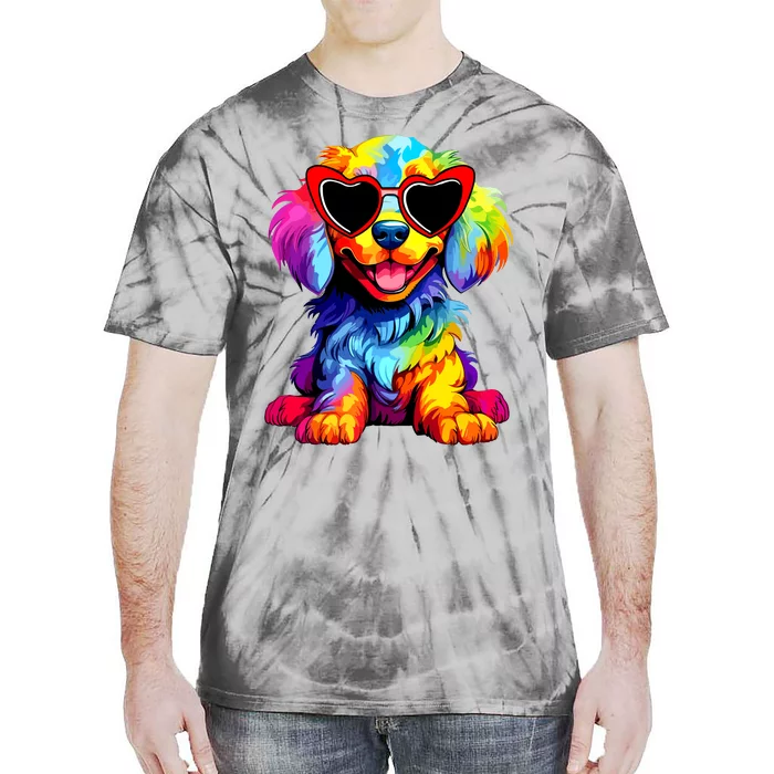 Rainbow Cute Dog Wearing Glasses Heart Puppy Love Dog Funny Tie-Dye T-Shirt