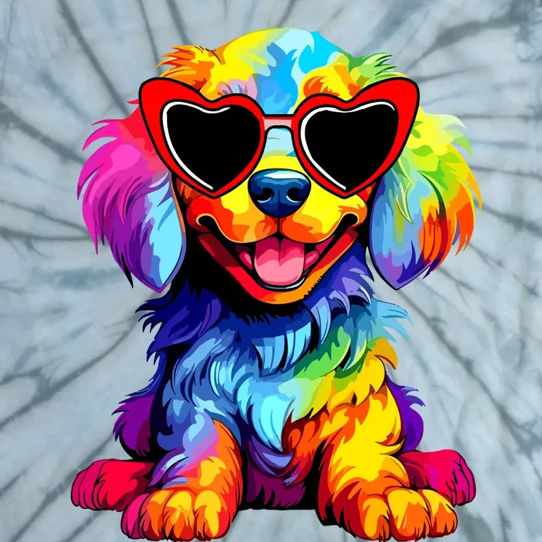 Rainbow Cute Dog Wearing Glasses Heart Puppy Love Dog Funny Tie-Dye T-Shirt