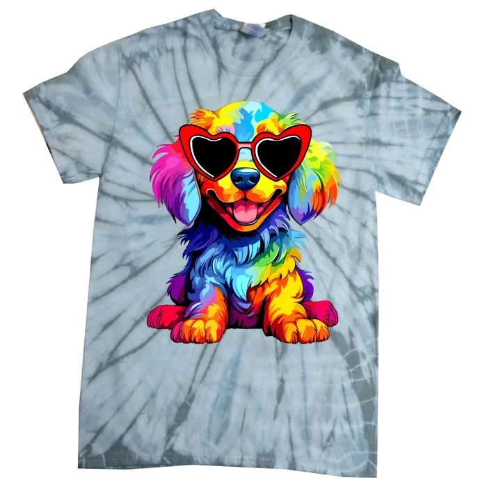 Rainbow Cute Dog Wearing Glasses Heart Puppy Love Dog Funny Tie-Dye T-Shirt