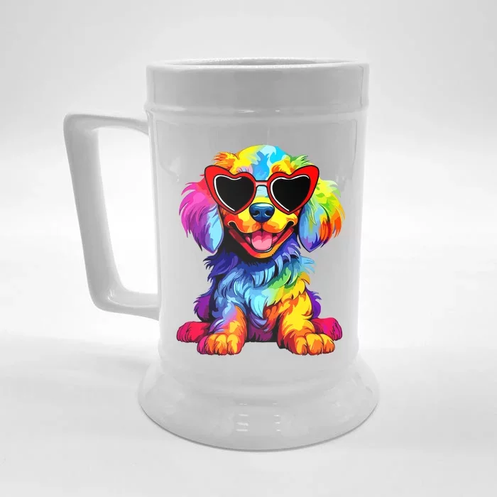 Rainbow Cute Dog Wearing Glasses Heart Puppy Love Dog Funny Front & Back Beer Stein