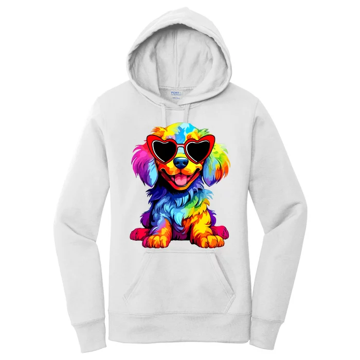 Rainbow Cute Dog Wearing Glasses Heart Puppy Love Dog Funny Women's Pullover Hoodie