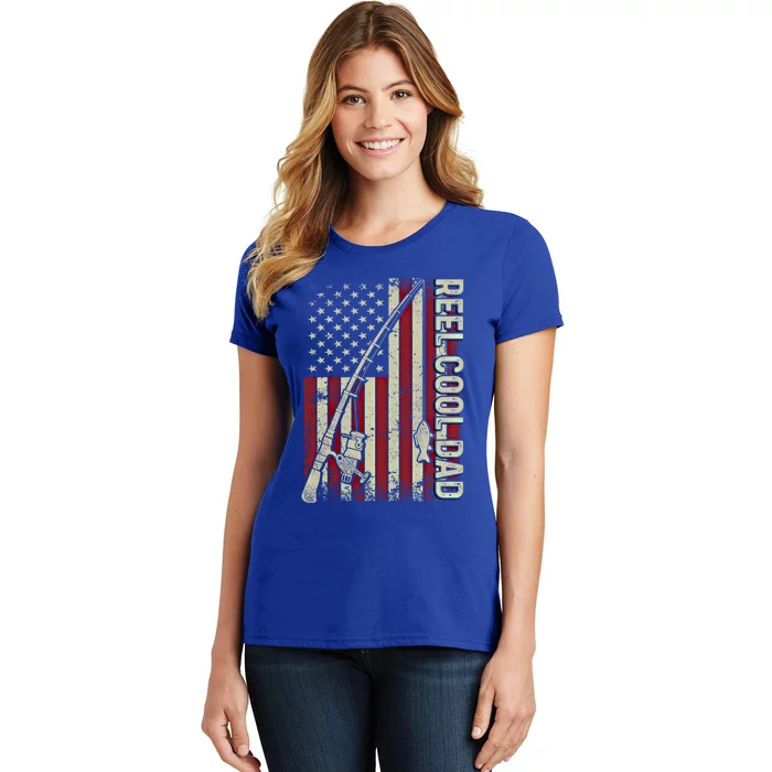 Reel Cool Dad American Flag Fishing Christmas Gift Women's T-Shirt