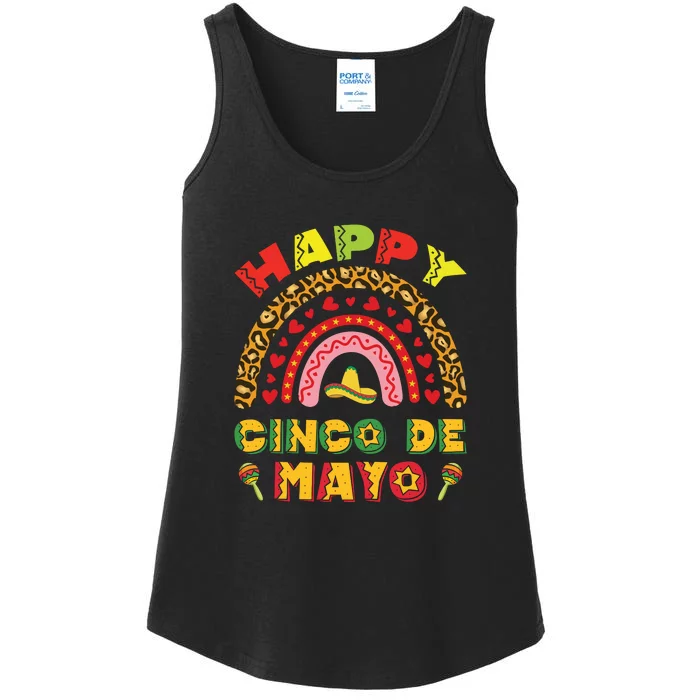 Rainbow Cinco De Meow With Smiling Cat Taco And Sombrero Ladies Essential Tank