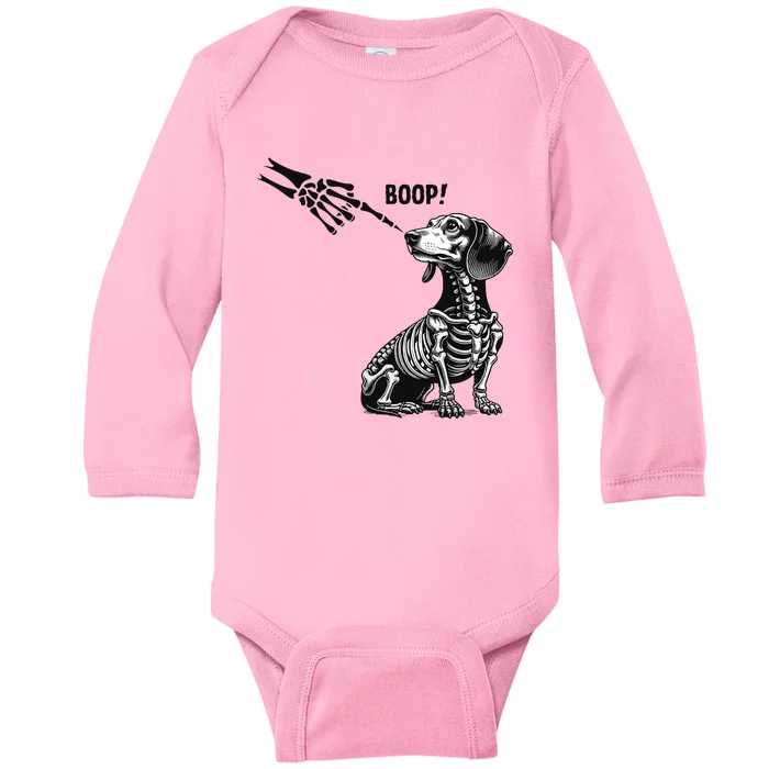 Retro Cute Dachshund Skeleton Hand Boop Dog Funny Halloween Baby Long Sleeve Bodysuit