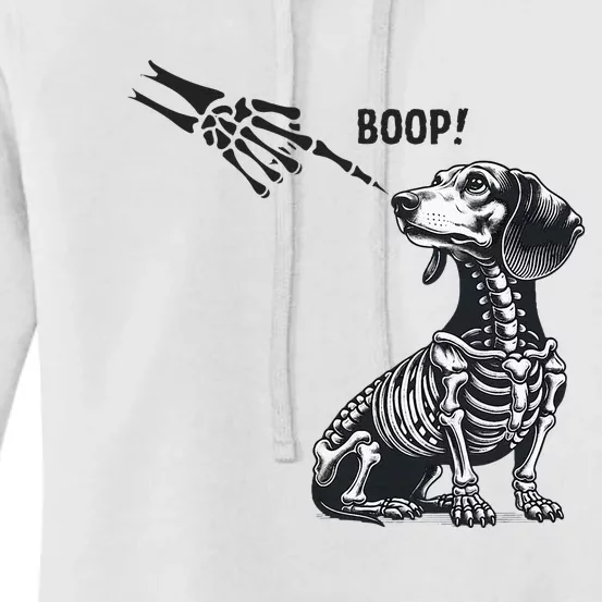 Retro Cute Dachshund Skeleton Hand Boop Dog Funny Halloween Women's Pullover Hoodie