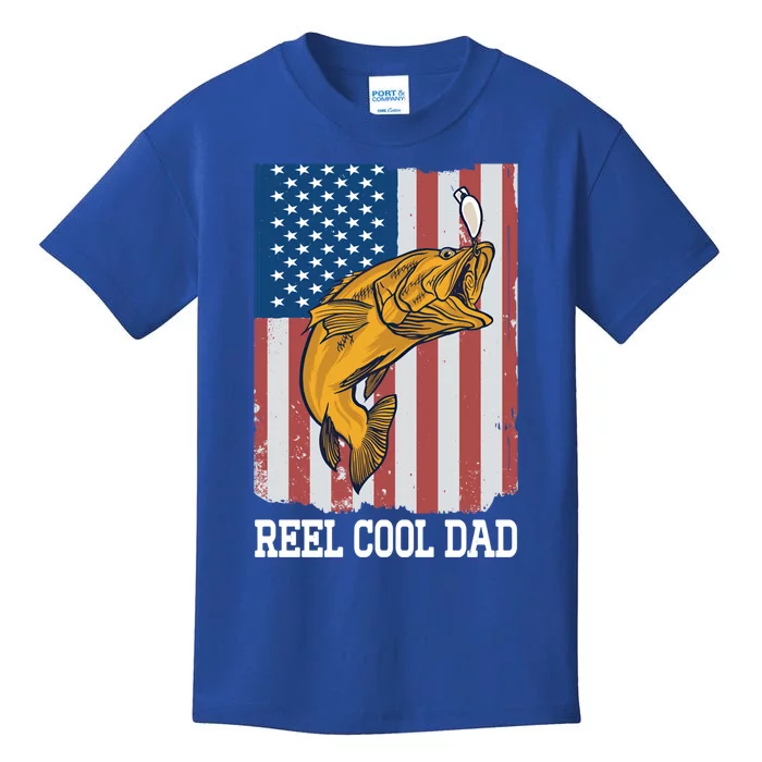 Reel Cool Dad American Flag Fishing Fathers Day Fishing Dad Great Gift Kids T-Shirt