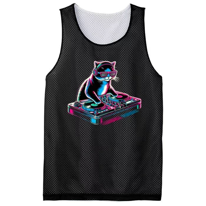 Retro Cat Dj Disco Party Music Gift Funny Cat Mesh Reversible Basketball Jersey Tank