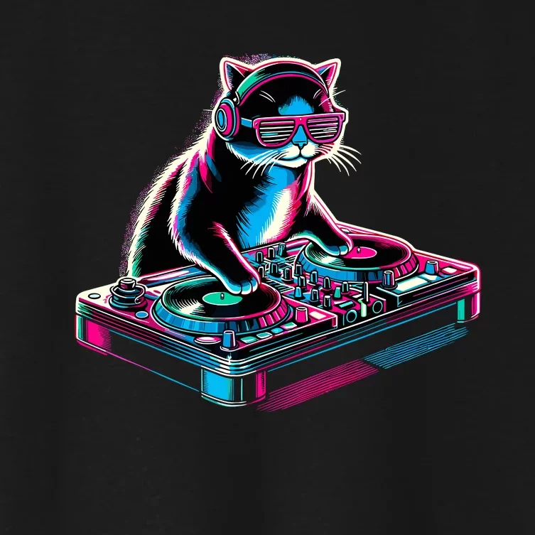 Retro Cat Dj Disco Party Music Gift Funny Cat Women's Crop Top Tee