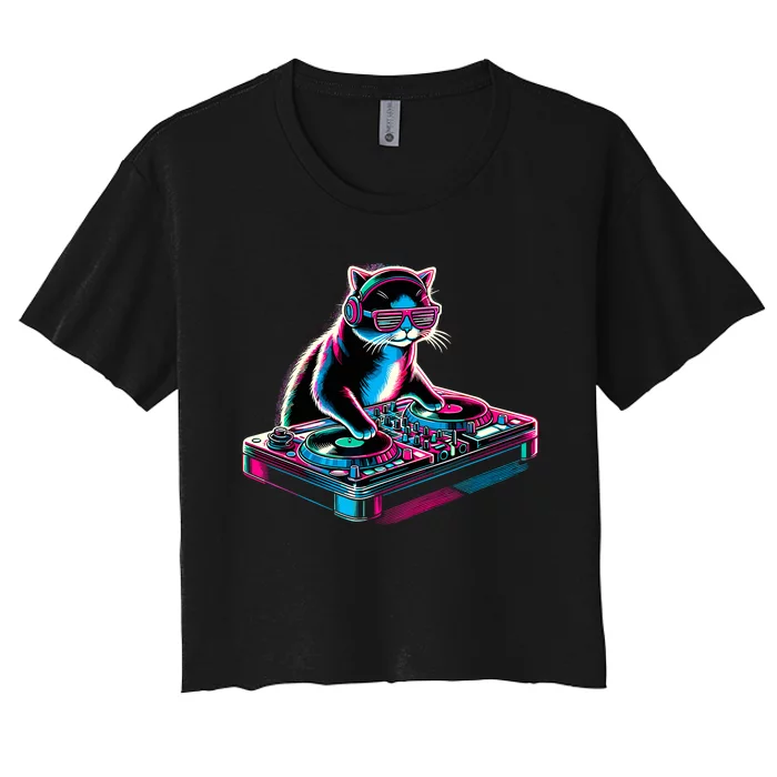 Retro Cat Dj Disco Party Music Gift Funny Cat Women's Crop Top Tee