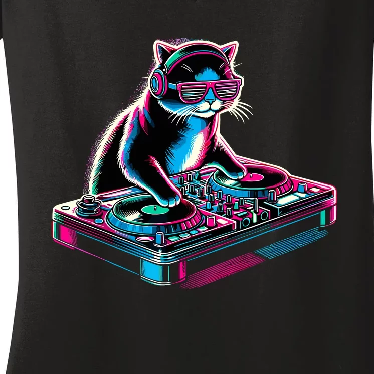 Retro Cat Dj Disco Party Music Gift Funny Cat Women's V-Neck T-Shirt