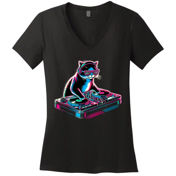 Retro Cat Dj Disco Party Music Gift Funny Cat Women's V-Neck T-Shirt