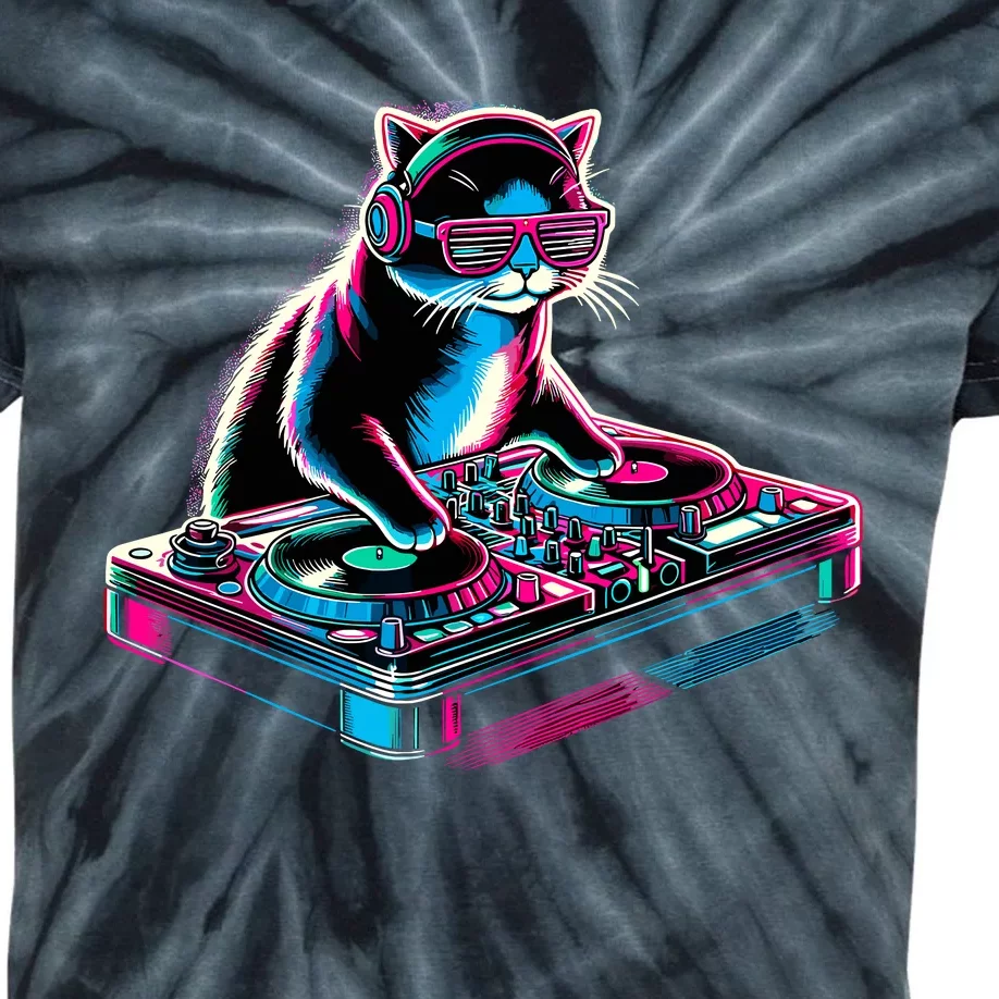 Retro Cat Dj Disco Party Music Gift Funny Cat Kids Tie-Dye T-Shirt