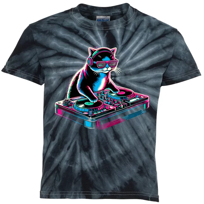 Retro Cat Dj Disco Party Music Gift Funny Cat Kids Tie-Dye T-Shirt