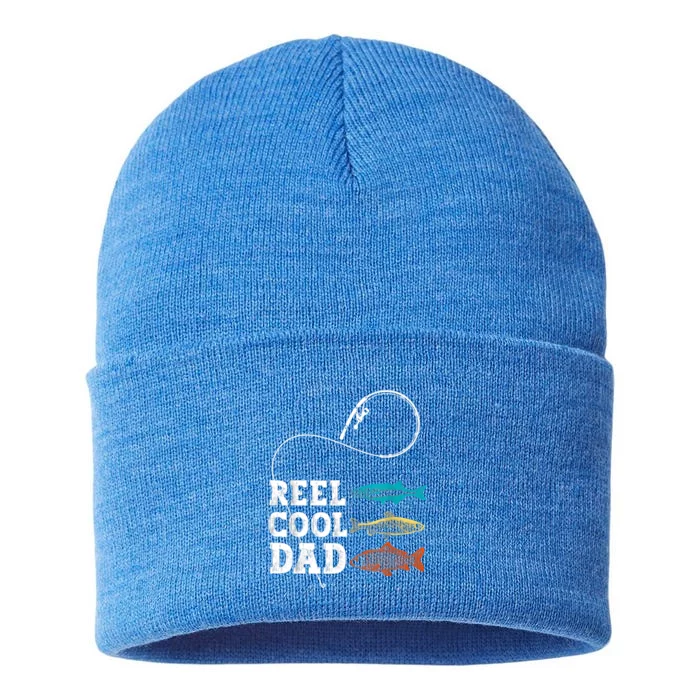 Reel Cool Dad Fishing Fisher Funny Joke Vintage Retro Gift Sustainable Knit Beanie