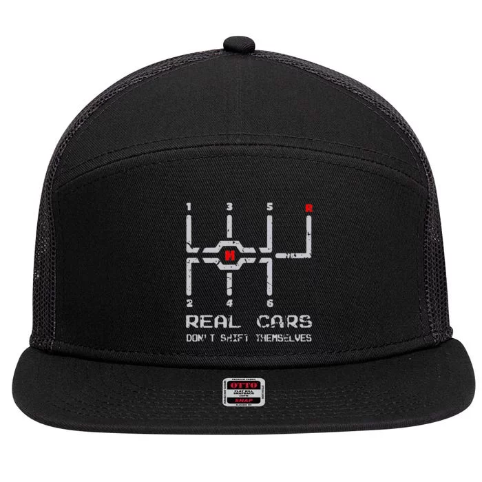 Real Cars Don't Shift Themselves Distressed Drifting 7 Panel Mesh Trucker Snapback Hat