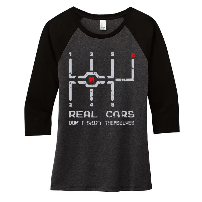 Real Cars Don't Shift Themselves Distressed Drifting Women's Tri-Blend 3/4-Sleeve Raglan Shirt