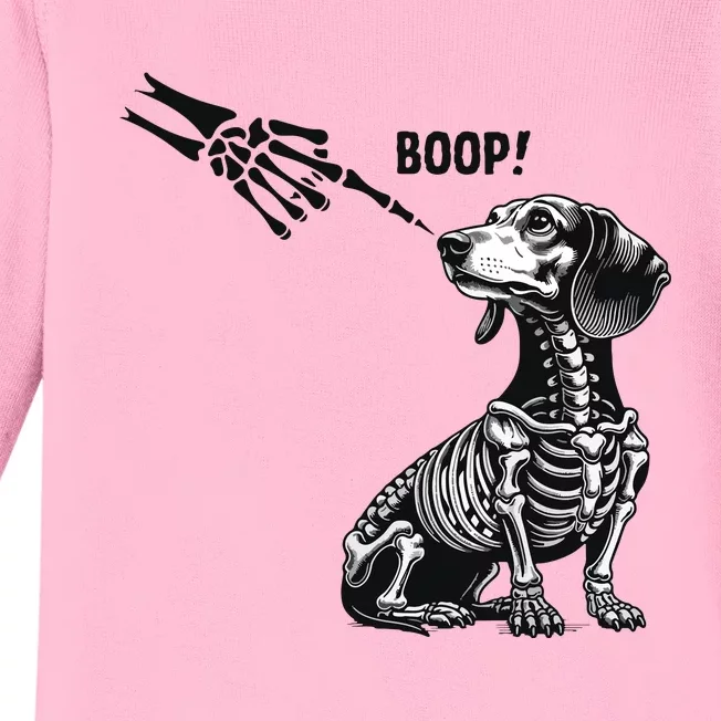 Retro Cute Dachshund Skeleton Hand Boop Dog Funny Halloween Baby Long Sleeve Bodysuit