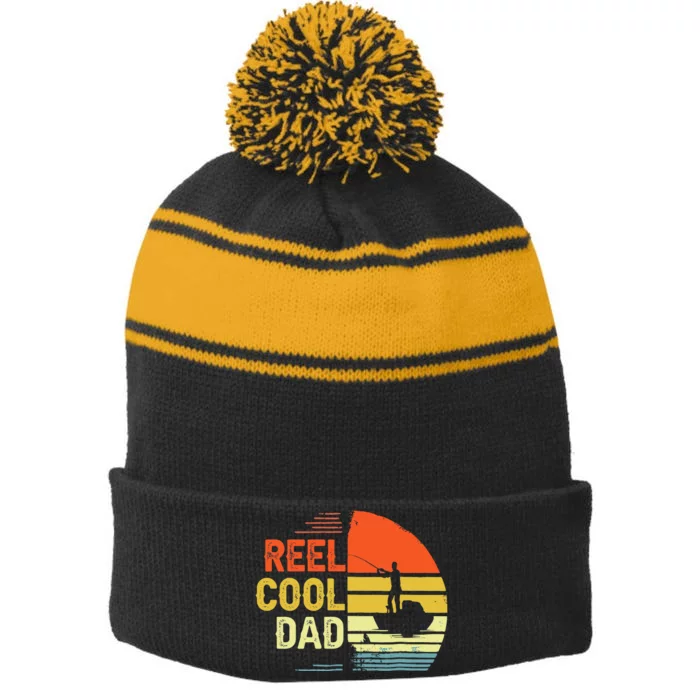 Reel Cool Dad Fisher Daddy Fathers Day Retro Vintage Great Gift Stripe Pom Pom Beanie