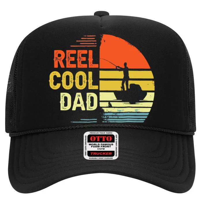 Reel Cool Dad Fisher Daddy Fathers Day Retro Vintage Great Gift High Crown Mesh Trucker Hat