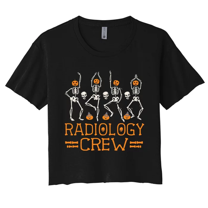 Radiology Crew Dancing Skeleton Pumpkin Funny Halloween Women's Crop Top Tee