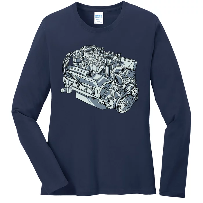 Realistic Car Engine Ladies Long Sleeve Shirt