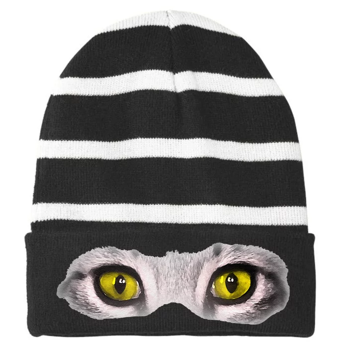 Realistic Cat Eyes Kitty Feline Graphic Art Black Halloween Striped Beanie with Solid Band