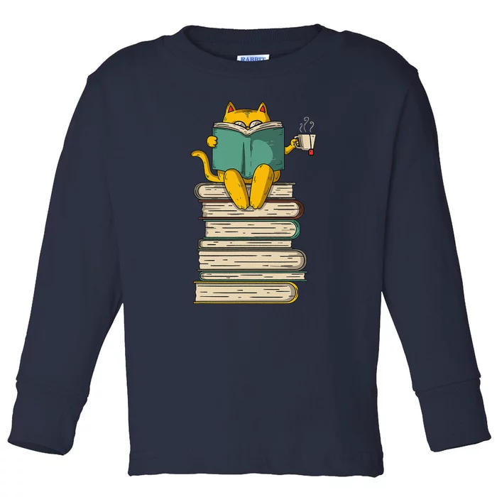 Reading Cat Funny Book & Tea Lover Gift Toddler Long Sleeve Shirt