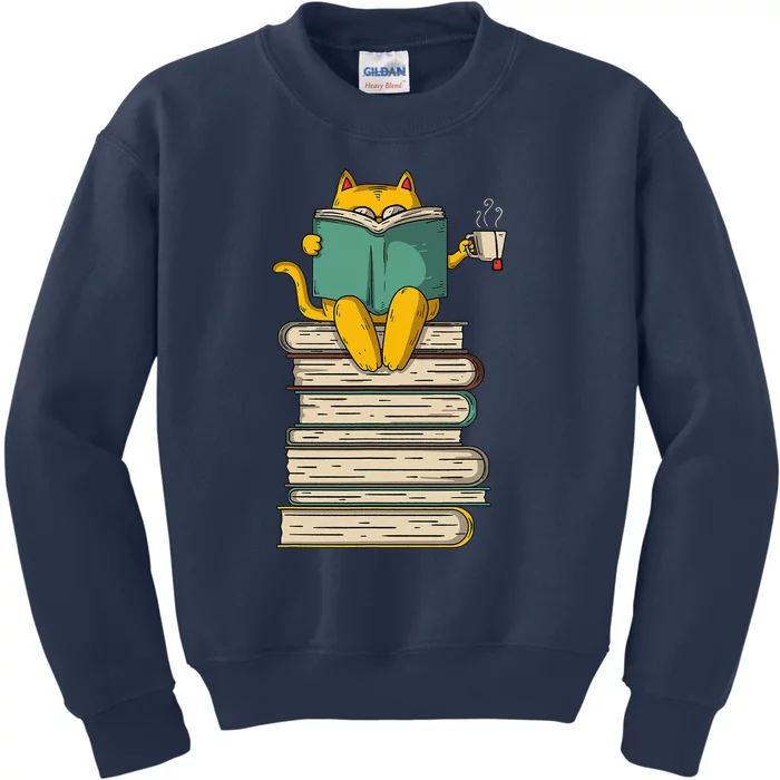 Reading Cat Funny Book & Tea Lover Gift Kids Sweatshirt