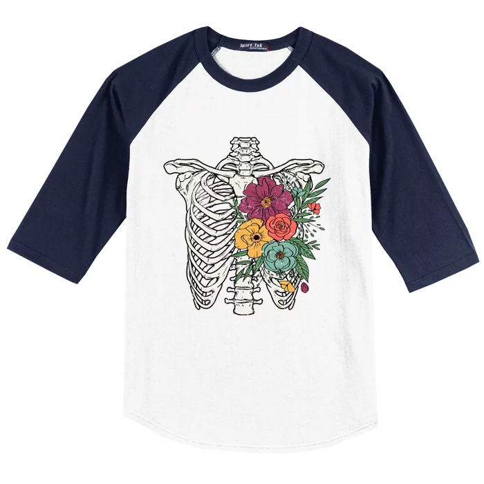 Rib Cage Floral Skeleton Flower Bunch Baseball Sleeve Shirt