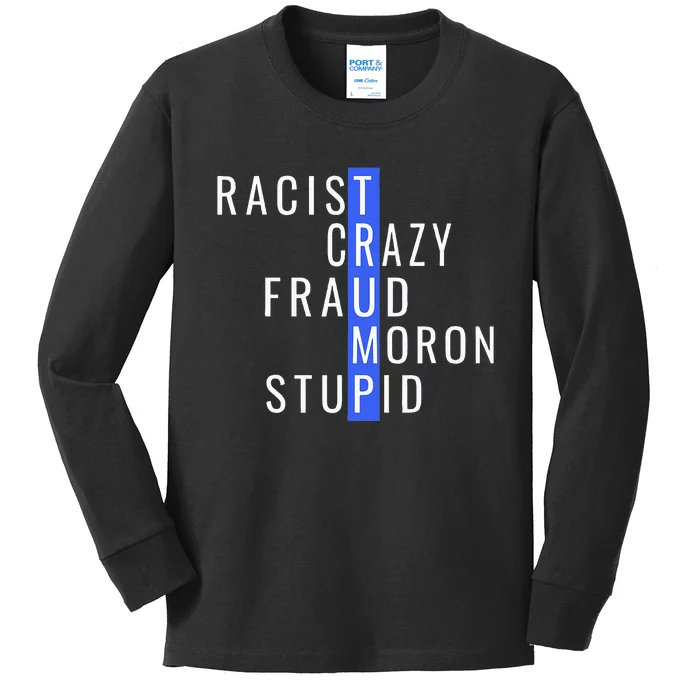 Racist Crazy Fraud Moron Stupid Trump Anti Trump Kids Long Sleeve Shirt