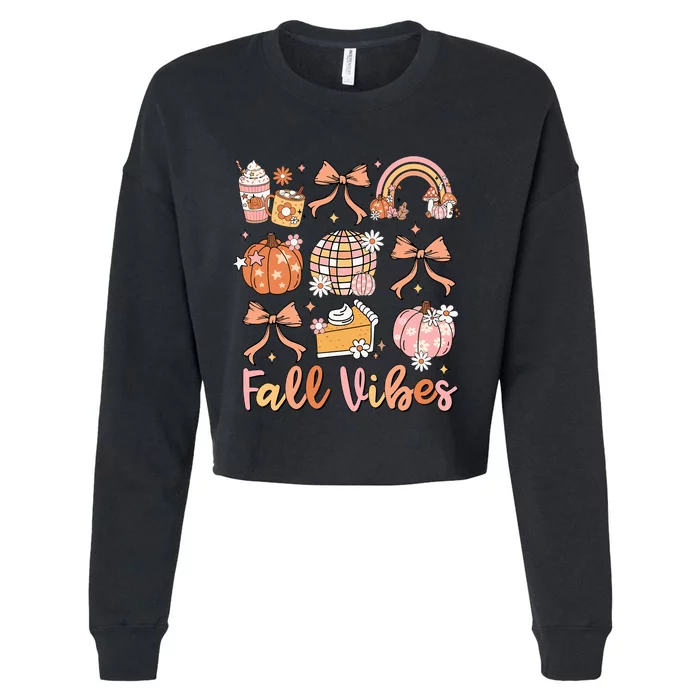 Retro Coffee Fall Vibes Autumn Coquette Pumpkin Thanksgiving Cropped Pullover Crew