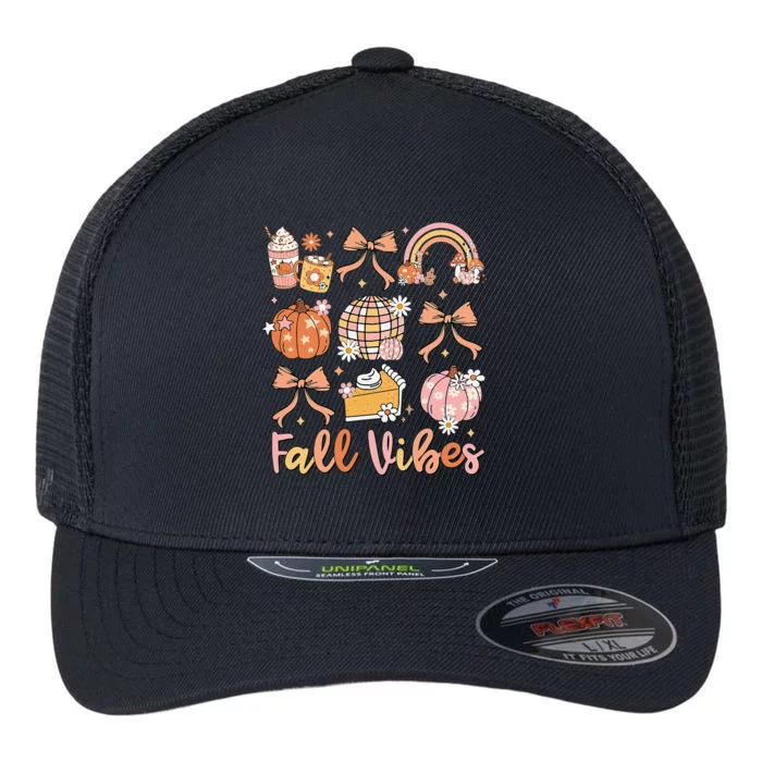 Retro Coffee Fall Vibes Autumn Coquette Pumpkin Thanksgiving Flexfit Unipanel Trucker Cap